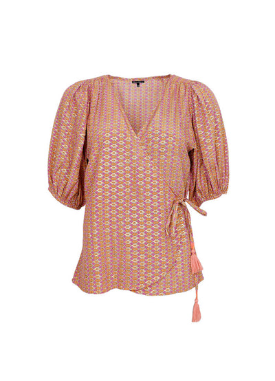 Luna Puff Sleeve Wrap Blouse in Pink Diamond