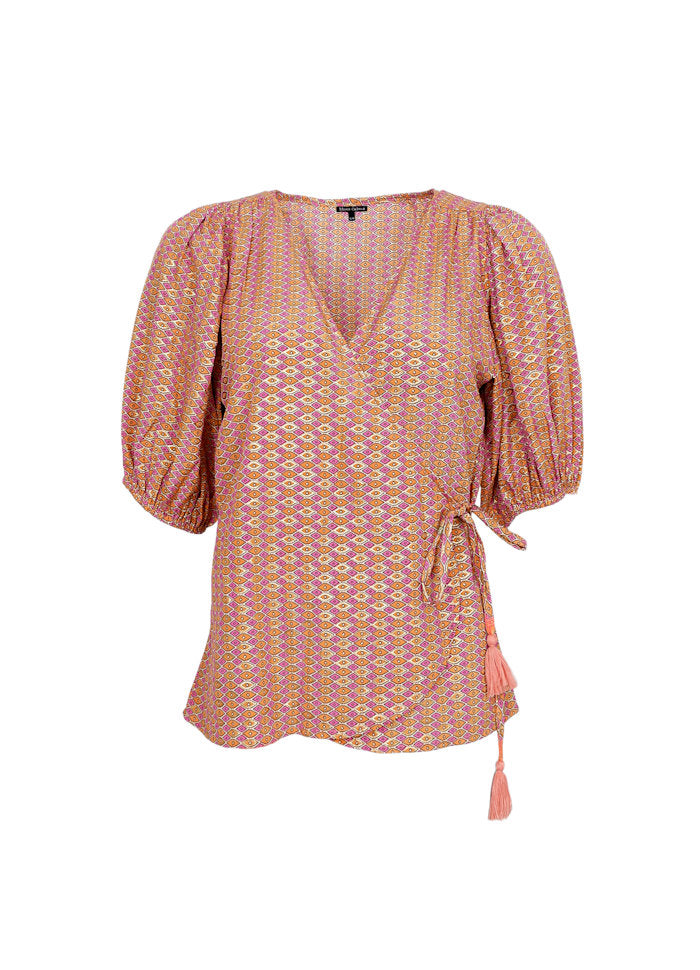 Luna Puff Sleeve Wrap Blouse in Pink Diamond