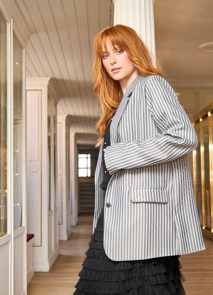 Brielle Sparkle Stone Blazer in Grey Pinstripe