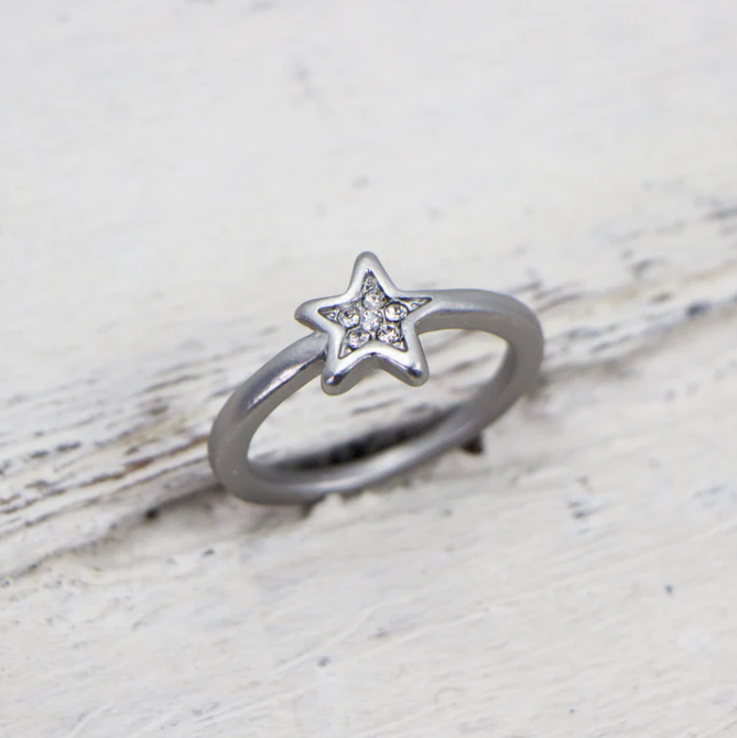 Matte Rhodium Little Star Ring with Crystal