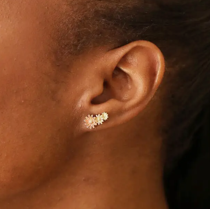Triple Enamel Flower Stud Earrings in Gold
