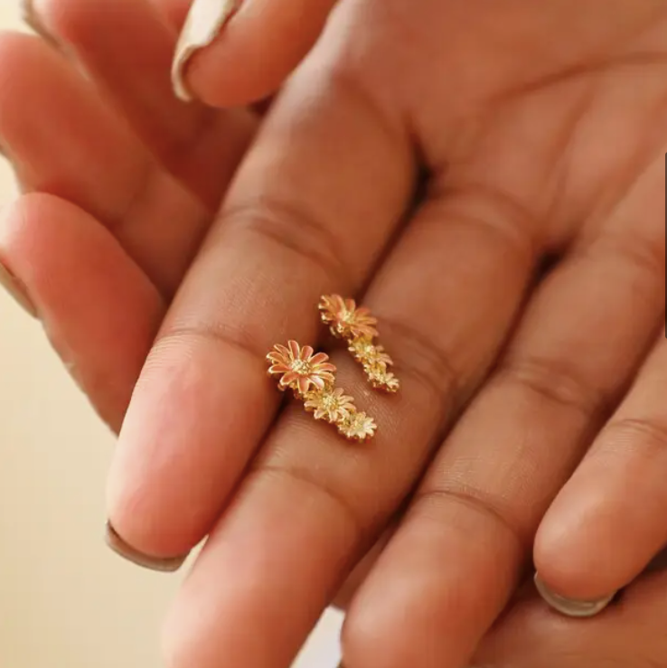 Triple Enamel Flower Stud Earrings in Gold