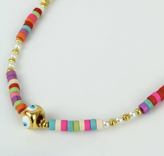 Rainbow Beaded & Gold Eye Charm Necklace